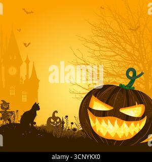 Halloween gruseliger Hintergrund mit Schloss und Kürbis - Vektor-Illustration Stock Vektor