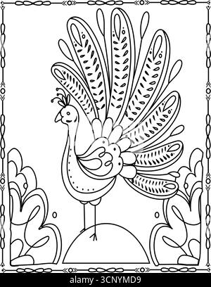 Einfache Pfau Malseite für Kinder: Einfache Vogel-Illustration, Vorschulaktivität, lustiges Zeichnen, lehrreich, druckbar Stock Vektor