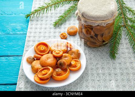 Marinierte Pilze, oranger Milchkapsel oder falscher Safran-Milchkapsel, Lactarius deterrimus in einem Glasgefäß und frisch gepflückte Pilze auf Teller, blaues Holz. Stockfoto