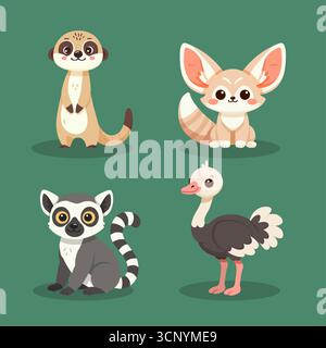 Exotische Süße Afrikanische Tiere Vektor Set Lemur Fennec Strauß Meerkat Stock Vektor