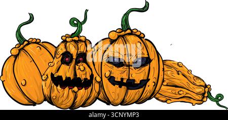 Halloween geschnitzte Kürbisse mit einem gruseligen Gesicht - Vektor-Illustration Stock Vektor