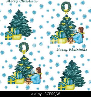 Aquarell Weihnachten nahtloses Muster, Neujahrsdesign Hintergrund. Niedliche Aquarellzeichen. Mädchen, Frau, Kranz, Geschenke, weihnachtsbaum. Stockfoto