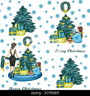 Aquarell Weihnachten nahtloses Muster, Neujahrsdesign Hintergrund. Niedliche Aquarellzeichen. Mädchen, Frau, Kranz, Geschenke, weihnachtsbaum. Stockfoto