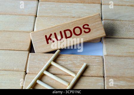 Kudos-Text auf einem einzelnen Holzblock mit Holzleiter, der die Erfolge und Anerkennung feiert Stockfoto