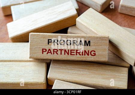 Auf Holzblöcken geschriebener Text zur Programmpartnerschaft, der die Zusammenarbeit innerhalb von Projekten und Initiativen hervorhebt Stockfoto