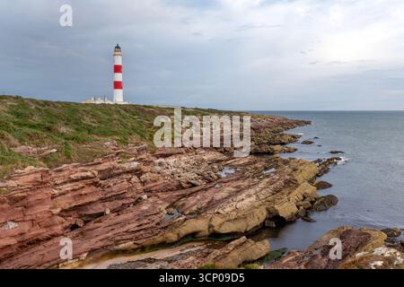 Tarbat Ness Lighthouse, ein markantes rot-weißes Leuchtfeuer auf der Osterross-Halbinsel, führt seit 1830 Schiffe im Moray Firth. Stockfoto