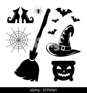 Set von Halloween Witch Elements Vektor Illustration. Perfekt für Halloween-Dekorationen, Partyeinladungen, Poster, Grußkarten, Aufkleber. Stock Vektor