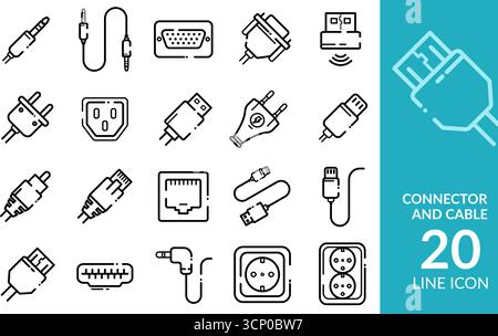 Satz mit 20 Symbolen für Stecker und Kabelleitungen Stock Vektor