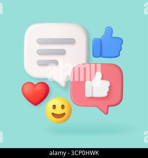 Bunte 3D-Symbole mit Chat-Blasen, Daumen hoch, Herz und lächelndem Gesicht für Feedback und Interaktion in sozialen Medien auf isolierter blauer Hintergrund-Vektorillustration Stock Vektor