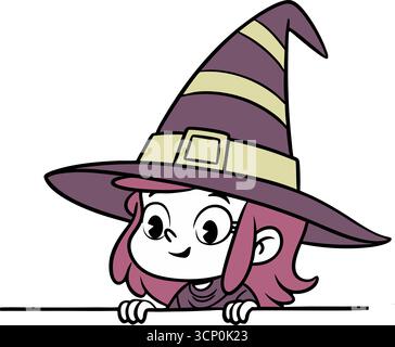 Ein niedliches Cartoon-Mädchen in einem Hexenkostüm mit einem großen, spitzen Hut, der über eine Grenze blickt. Eine freundliche Figur mit rosa Haaren, die zu Halloween lächeln, isola Stock Vektor