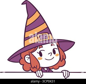 Ein niedliches Cartoon-Mädchen in einem Hexenkostüm mit einem großen, spitzen Hut, der über eine Grenze blickt. Eine freundliche Figur mit rosa Haaren, die zu Halloween lächeln, isola Stock Vektor