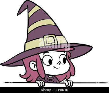 Ein niedliches Cartoon-Mädchen in einem Hexenkostüm mit einem großen, spitzen Hut, der über eine Grenze blickt. Eine freundliche Figur mit rosa Haaren, die zu Halloween lächeln, isola Stock Vektor