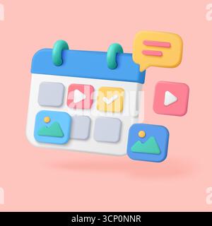 Farbenfroher 3D-Kalender mit Symbolen für Video, Bild, Checkliste und Chat, die die Content-Planung und Social-Media-Strategie auf einer pinkfarbenen Vektorillustration darstellen Stock Vektor