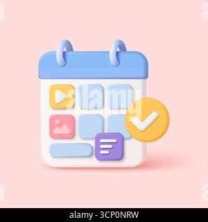 Farbenfroher 3D-Kalender mit Mediensymbolen und Häkchen für Content-Planung, Social Media-Planung, Marketingstrategie und digitale Organisation auf pinkfarbenem Hintergrund Vektorillustration Stock Vektor