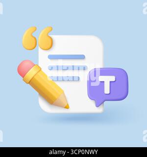 Kreatives 3D-Copywriting-Symbol mit Bleistift, Dokument und Textblase für die Erstellung von Inhalten, Marketing oder Schreibdienste auf isolierter blauer Hintergrund-Vektorillustration Stock Vektor