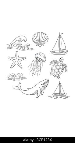 Sammlung handgezeichneter Ikonen der Meereswelt, darunter Wale, Quallen, Seesterne, Muscheln, Schildkröten, und Segelbooten Stock Vektor