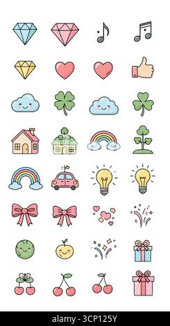 Auswahl an bunten handgezeichneten Symbolen, darunter Edelsteine, Herzen, Wolken, Häuser, Regenbögen, und vieles mehr Stock Vektor
