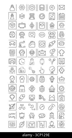 Eine große Sammlung verschiedener, handgezeichneter Linien-Art-Symbole, die Geschäfts-, Kommunikations-, Technologie- und Social-Media-Konzepte darstellen, isoliert auf weiß Stock Vektor