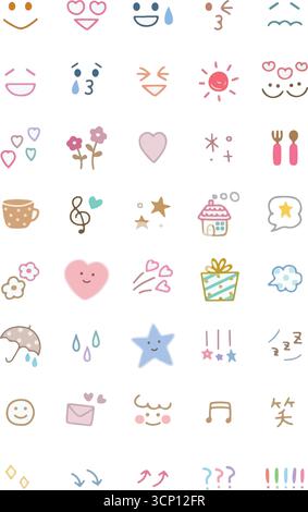 Sammlung von niedlichen, handgezeichneten Pastellsymbolen, einschließlich Gesichtern, Herzen, Blumen und Wettersymbolen, perfekt für digitales Design und Scrapbooking Stock Vektor