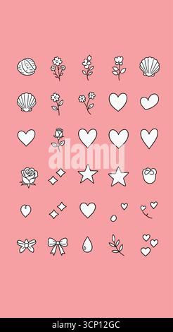Sammlung einfacher handgezeichneter Schwarzweiß-Symbole auf rosa Hintergrund mit Herzen, Blumen, Muscheln und Bögen, ideal für feminines Design Stock Vektor