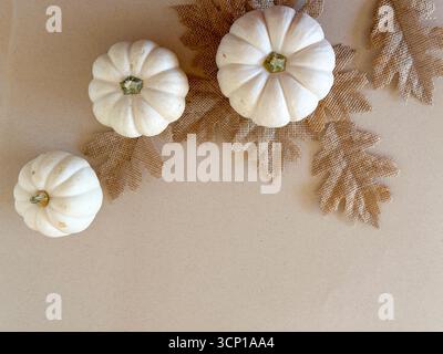 Minimalistisches Stillleben mit kleinen weißen Kürbissen auf rustikalen Sackleinen-Blättern vor einem weichen beigen Hintergrund. Stockfoto