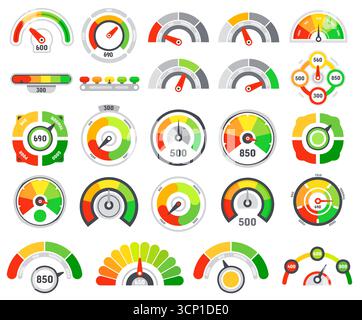 Sammlung mit leuchtenden Bonitätsindikatoren, die verschiedene Bewertungsstufen von schlecht bis gut veranschaulichen, unter Verwendung von Tachometer und Balkendiagramm Stock Vektor