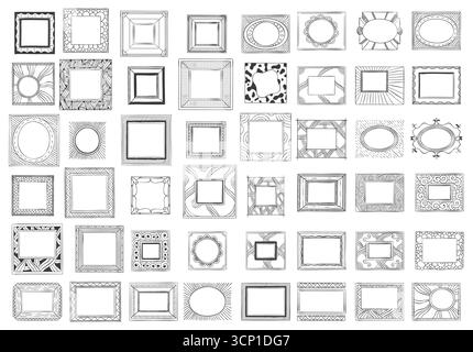 Ein großer Satz handgezeichneter Bilderrahmen bietet eine Vielzahl von Stilen, von einfachen Skizzen bis hin zu kunstvollen Kritzeleien, perfekt, um jedem einen einzigartigen Touch zu verleihen Stock Vektor