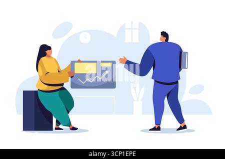 Zwei Geschäftskollegen sprechen über ein positives Wachstum der Finanzpläne und analysieren Umsatzsteigerungen, Teamarbeit und Zusammenarbeit am Arbeitsplatz im Büro Stock Vektor