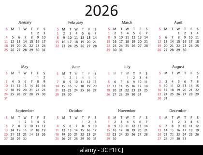Einfaches Kalenderlayout Für Das Jahr 2026, In Dem Monatliche Datumsangaben Angezeigt Werden. Stock Vektor