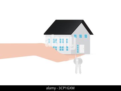 Hand halten Haus und Schlüssel. Haus Immobilien. Hauskredit, Hypothek oder Miethauskonzept. Vektorabbildung. Stock Vektor