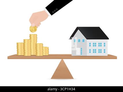 Haus- und Münzstapel auf Balanceskala. Haus Immobilien. Geld für Haus sparen. Hauskredit- oder Hypothekenkonzept. Stock Vektor