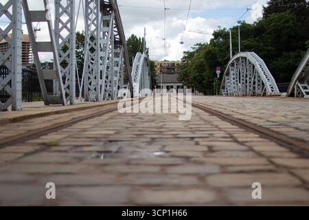 View of an old metal bridge with cobblestone path and green trees under a cloudy sky Stockfoto
