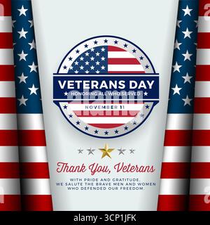 Happy Veterans Day quadratische Fahne mit amerikanischer Flagge - Vektor-Illustration Stock Vektor
