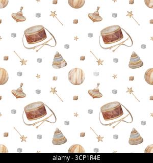 Muster Retro Holzspielzeug Trommel, Kugel drehende Top Pyramide. Handgezeichnete Aquarellillustration im kindlichen Vintage-Stil. Nahtloser Druck isoliert von Stockfoto