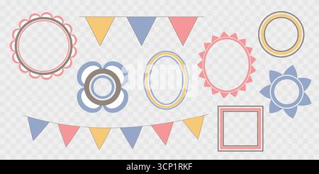 Eine Kollektion dekorativer Rahmen und Elemente für Scrapbooking. Scrapbooking-Set. Verschiedene Texturen und Ausdrucke. Vektor-Feiertagsillustration für Ihren Stock Vektor