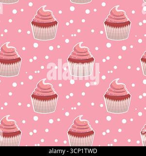 Nahtloses Muster mit Muffinkuchen, süßem Cupcake mit Sahne, köstlichem Gebäck. Moderne Vektor-Illustration für Café, Restaurant, Stoff, Textil Stock Vektor
