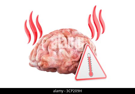 Überhitztes Gehirn mit Hitzewellen und Thermometerzeichen. 3D-Rendering isoliert auf weißem Hintergrund Stockfoto