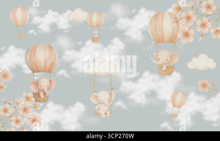 Niedliche Elefanten in Heißluftballons nahtloses Aquarellmuster mit Blumen und Wolken Stockfoto