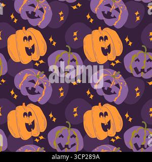 Vektor nahtlose Muster Design Jack-O-Lantern lustig geschnitzte Kürbiskopf. Herbstillustration im flachen Cartoon-Retro-Stil für Halloween-Feiertage Stock Vektor