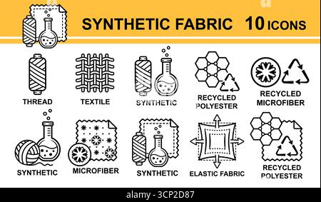 Synthetikgewebe Textil, elastisches Polyester Nähbekleidungsmaterial. Weiches Mikrofaser-Stretchtuch. Strickgarn. Symbol für wiederverwertete Gewebelinie Stock Vektor