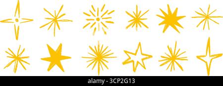 Goldener Buntstift handgezeichnete Sterne und funkelnde Sets. Gelber, rauer Pinselstrich, glänzender Elementsatz für Collage, Poster, Aufkleber, Etikett. Kindliche Doodle Sparks Kollektion. Skizzierte Bleistift-Sternchen. Vektor Stock Vektor