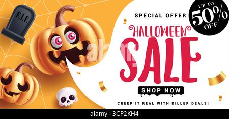 Halloween Sale Clipart Banner Design. Halloween Sale Text mit süßen und gruseligen Kürbisfiguren Sonderangebot für Oktober-Feiertage Rabatt Clip Art Stock Vektor