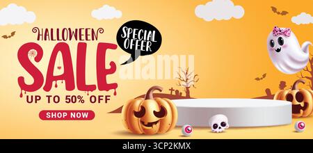 Halloween Sale Podium Clipart Banner Design. Halloween Sale Sonderangebot Einkaufsrabatt mit weißem Podium und gruseligen Elementen Clip Art in Orange Stock Vektor