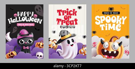 Happy Halloween und Trick or Treat Gruß Clipart Poster Set. Halloween und Trick or Treat Gruß Text Clip Art in Papier geschnitten Wolken Stil farbenfroh Stock Vektor