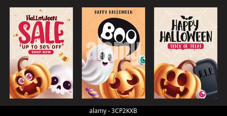 Happy Halloween Grußkarte Clipart Poster Set. Happy Halloween Gruß und Halloween Sale Text Clip Art mit niedlichen, lustigen und gruseligen Charakteren Stock Vektor