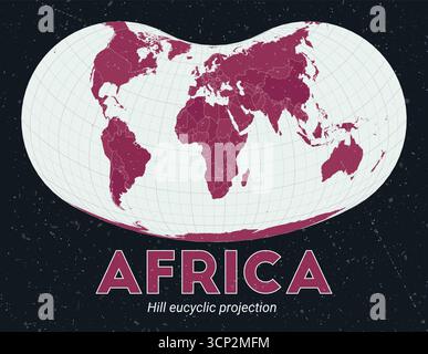 Afrika. Weltkarte. Hill euzyklische Projektion mit Schwerpunkt Afrika. Blassmintfarbene dunkelrosa Palette. Vintage-Textur. Darstellung des Trendvektors. Stock Vektor