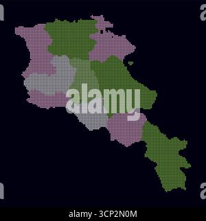 Armenien gepunktete Karte. Digitale Landkarte des Landes auf dunklem Hintergrund. Armenische Form mit quadratischen Punkten. Farbige Punkte. Kleine Quadrate. Stock Vektor