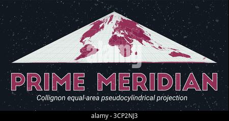 Prime Meridian. Weltkarte. Collignon-EQUAL Area pseudozylindrische Projektion zentriert auf Prime Meridian. Palette Pale Mint Dark Pink. Vintage-Textur. Stock Vektor