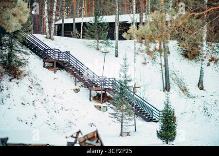 Eine Holztreppe führt durch eine schneebedeckte Landschaft, die von Kiefern umgeben ist. Im Hintergrund ist eine Kabine zu sehen, die eine ruhige Landschaft schafft Stockfoto