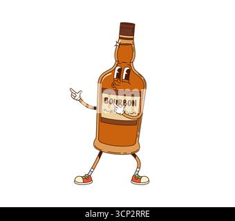 Hippie Bourbon Trinkflasche grooviger Charakter. Partyalkohol, Bar oder Pub Cocktail Drink Zutat groovige Vektor nette Persönlichkeit. Bourbon, Whiskey, Cognac oder Branntweinalkoholgetränk fröhlicher Charakter Stock Vektor